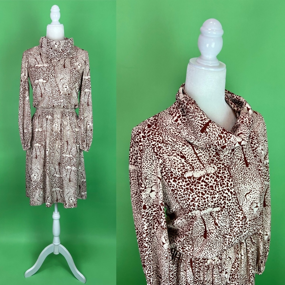 Vintage 70s Brown Cheetah Dress with Cowl Neck - Size Small